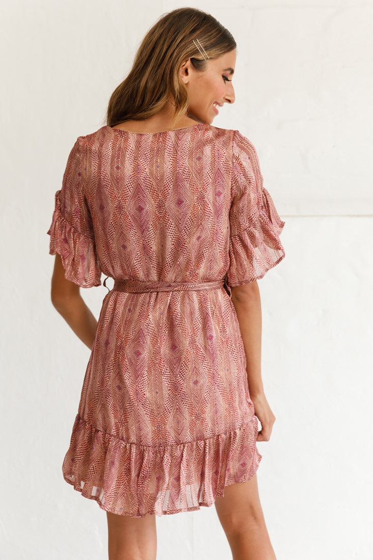 Azealia Ruffle Hem Dress Diamond Print Wine by Selfie Leslie