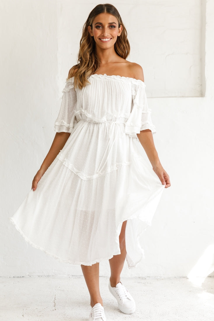 Renoir Off-Shoulder Frill Trim Midi Dress White by Selfie Leslie