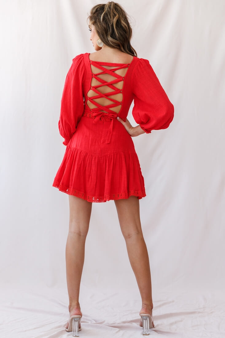 Sweetheart Corset-Back Lantern Sleeve Dress Red by Selfie Leslie