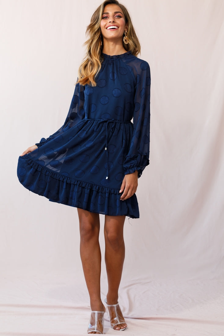 Tracee High Neckline Sheer Sleeve Polka Dot Dress Navy by Selfie Leslie