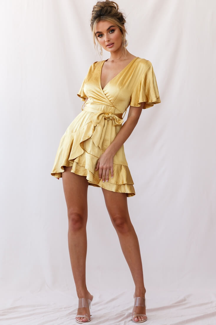 Cami Angel Sleeve Faux Wrap Dress Mustard by Selfie Leslie