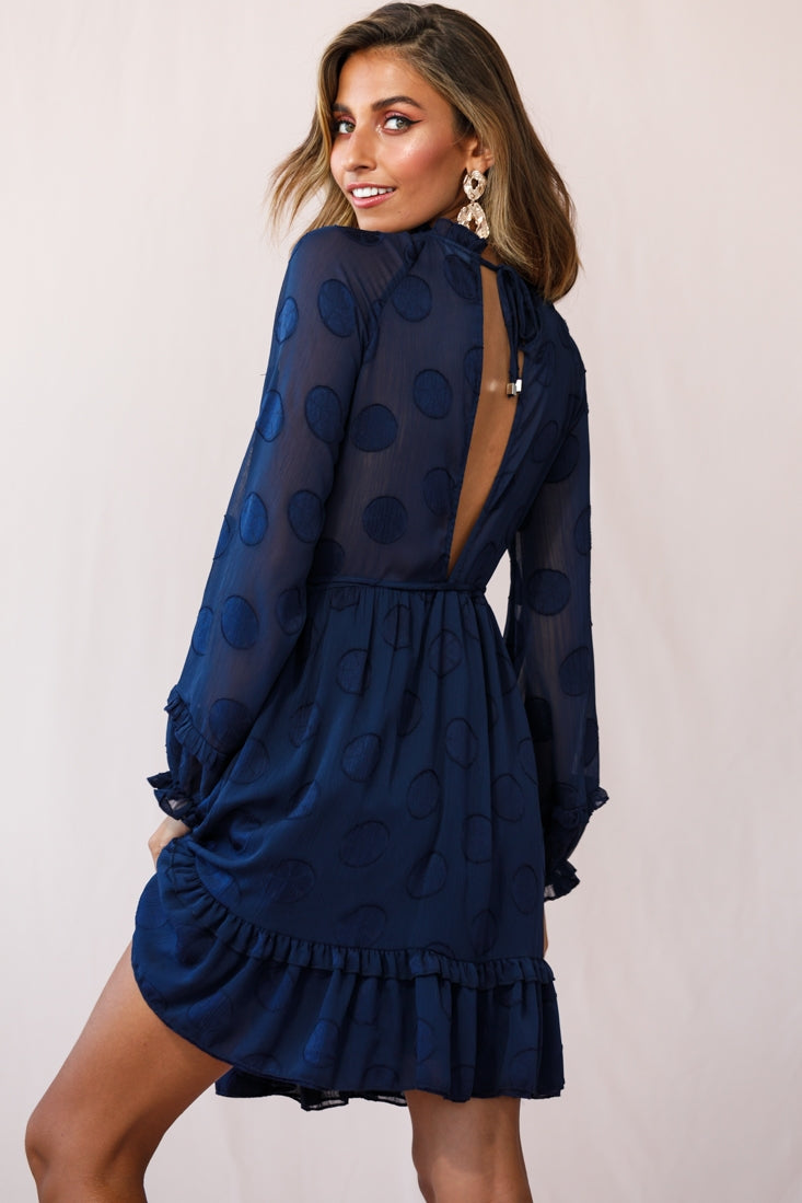 Tracee High Neckline Sheer Sleeve Polka Dot Dress Navy by Selfie Leslie