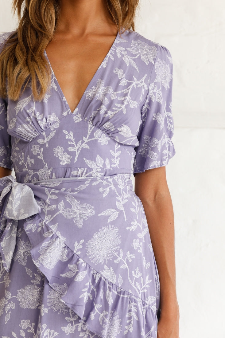 Wonderland Wrap Front Tea Dress Floral Print Lavender by Selfie Leslie