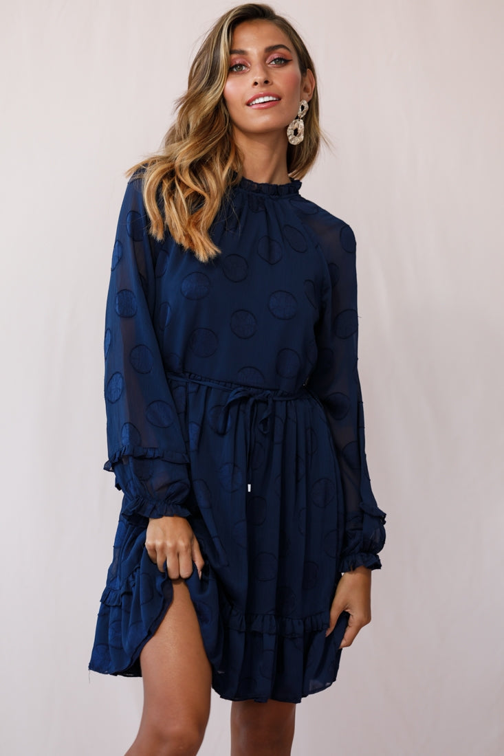 Tracee High Neckline Sheer Sleeve Polka Dot Dress Navy by Selfie Leslie