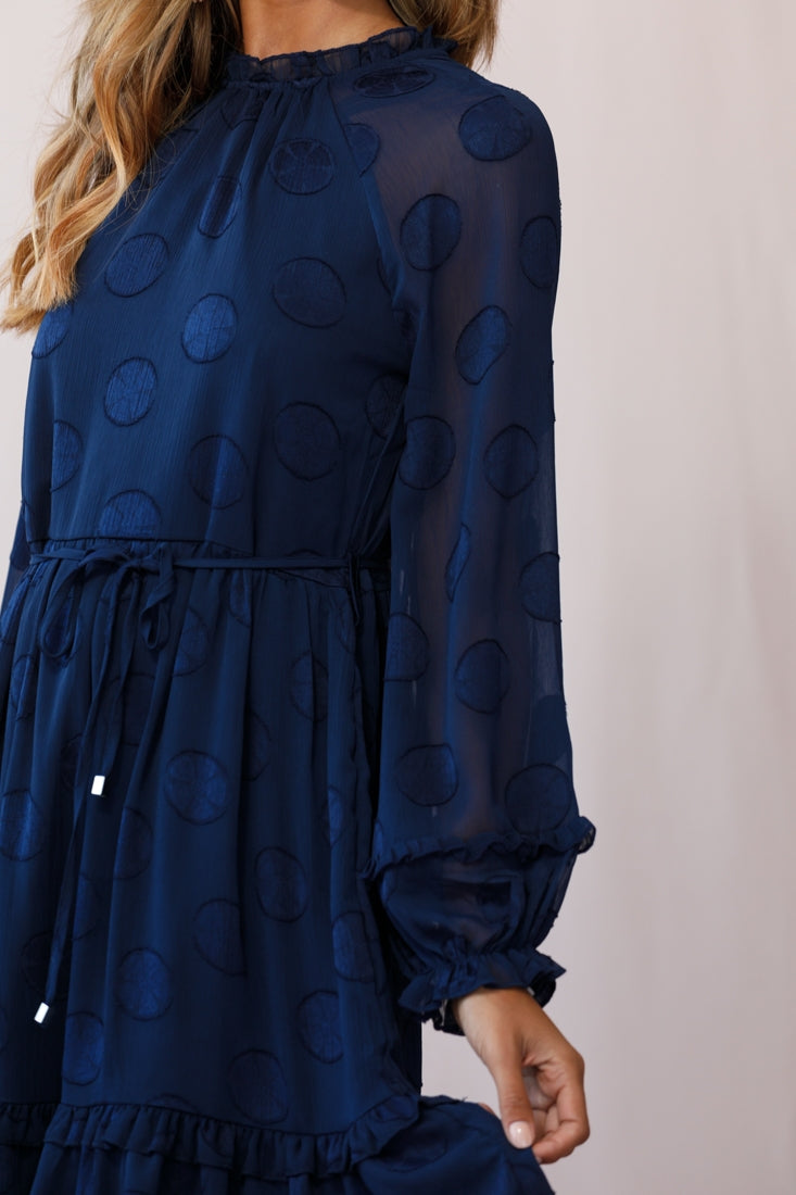 Tracee High Neckline Sheer Sleeve Polka Dot Dress Navy by Selfie Leslie