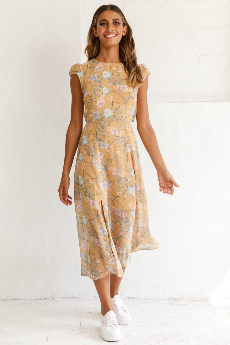 Becky Cap Sleeve Crew Neck Midi Dress Floral Print Mustard by Selfie Leslie