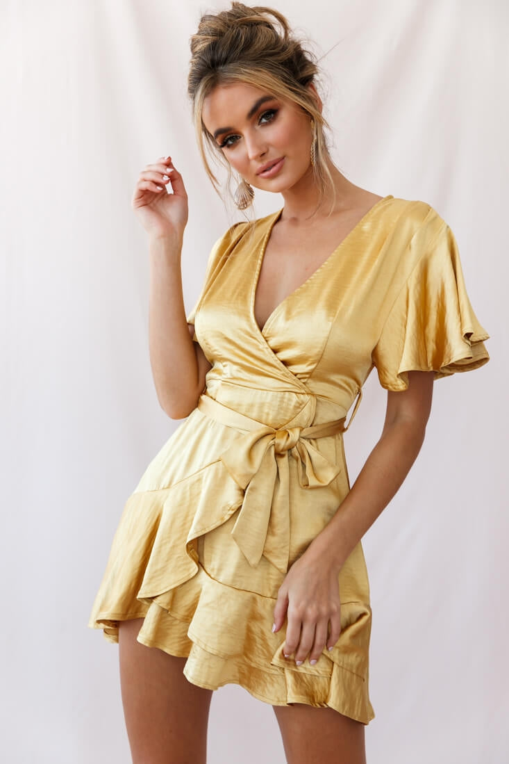 Cami Angel Sleeve Faux Wrap Dress Mustard by Selfie Leslie