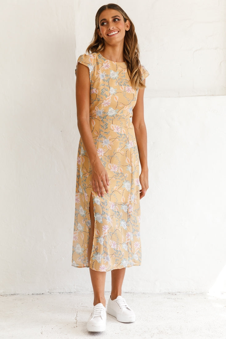 Becky Cap Sleeve Crew Neck Midi Dress Floral Print Mustard by Selfie Leslie
