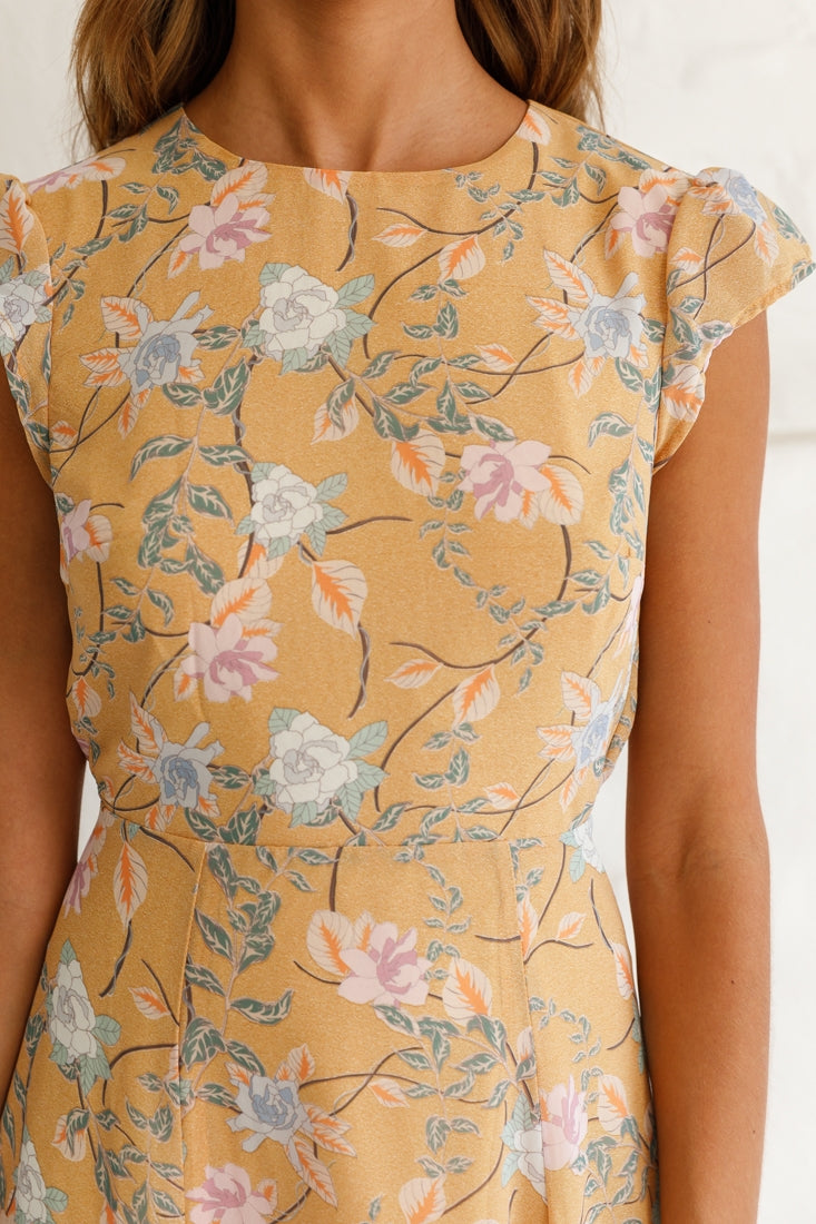 Becky Cap Sleeve Crew Neck Midi Dress Floral Print Mustard by Selfie Leslie