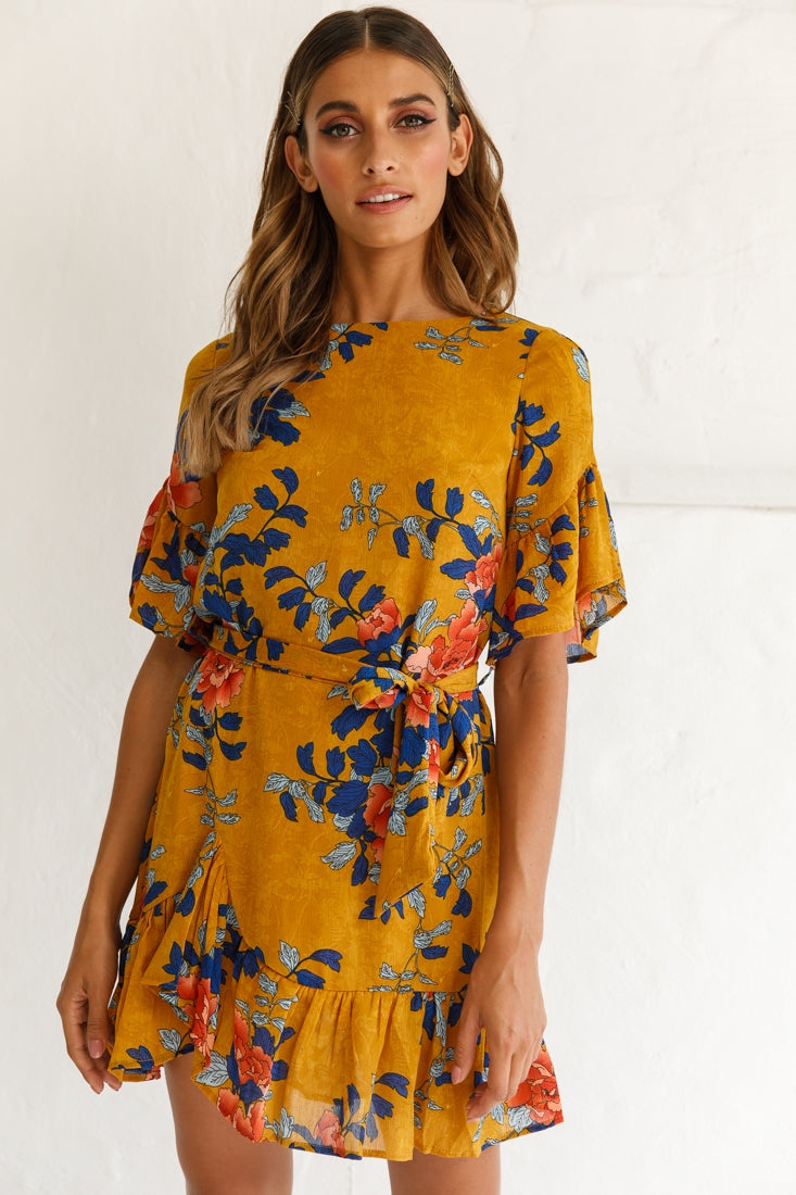 Azealia Floral Wrap Dress Mustard by Selfie Leslie