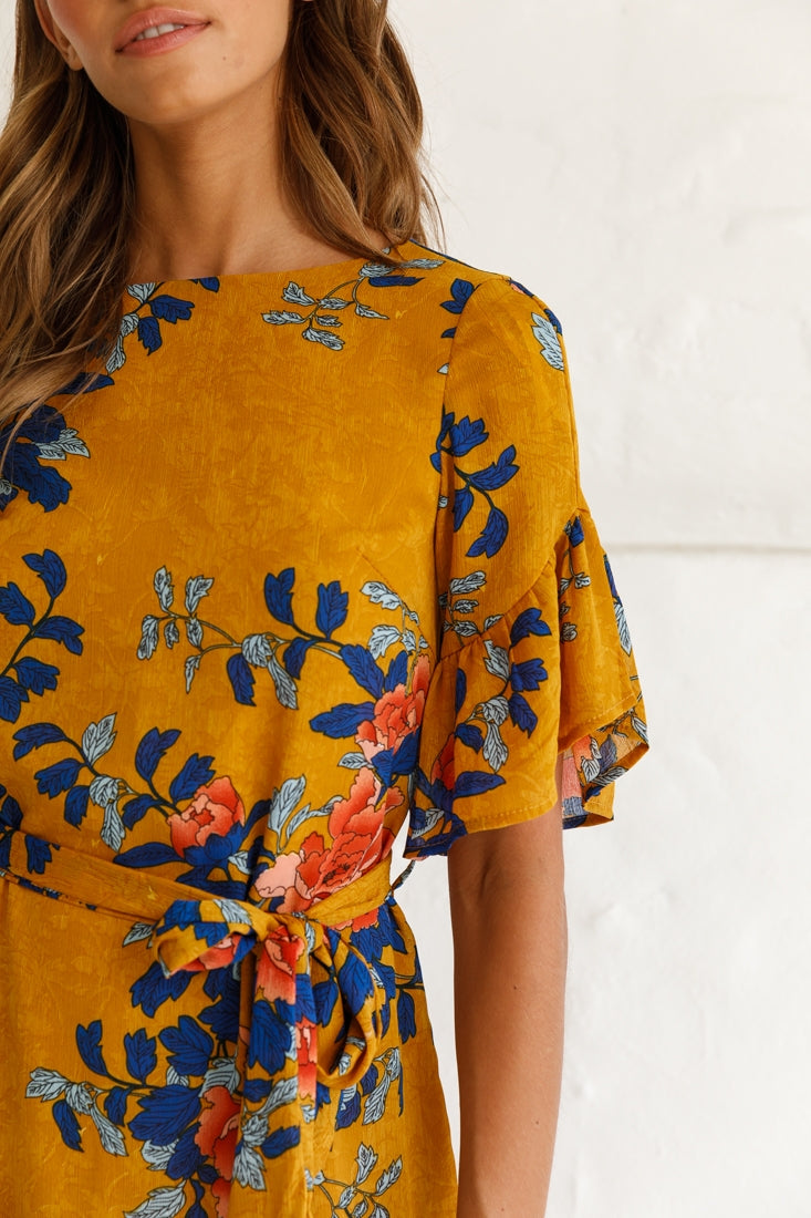 Azealia Floral Wrap Dress Mustard by Selfie Leslie