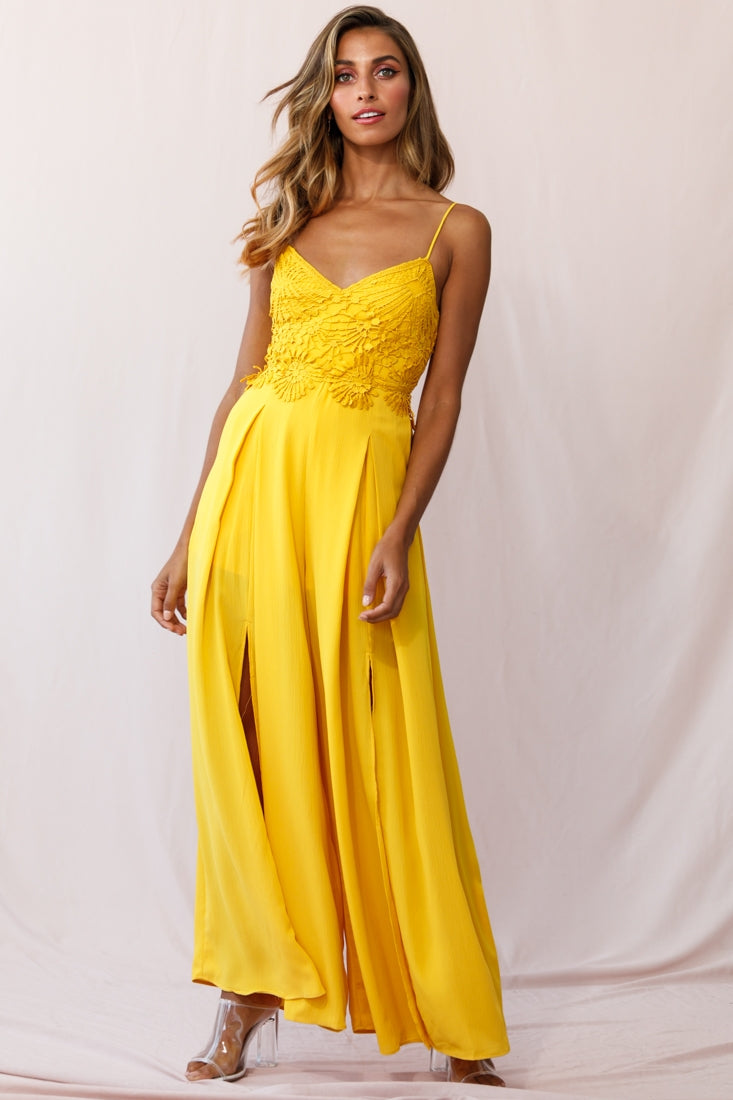 Ada Appliqué Embroidery Bust Wide Leg Jumpsuit Mustard by Selfie Leslie