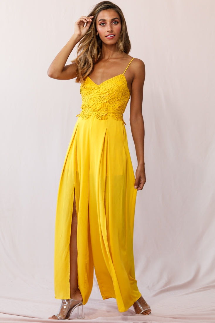 Ada Appliqué Embroidery Bust Wide Leg Jumpsuit Mustard by Selfie Leslie