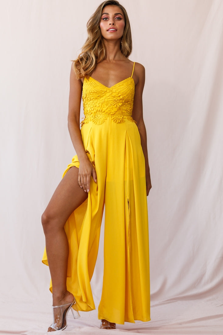 Ada Appliqué Embroidery Bust Wide Leg Jumpsuit Mustard by Selfie Leslie