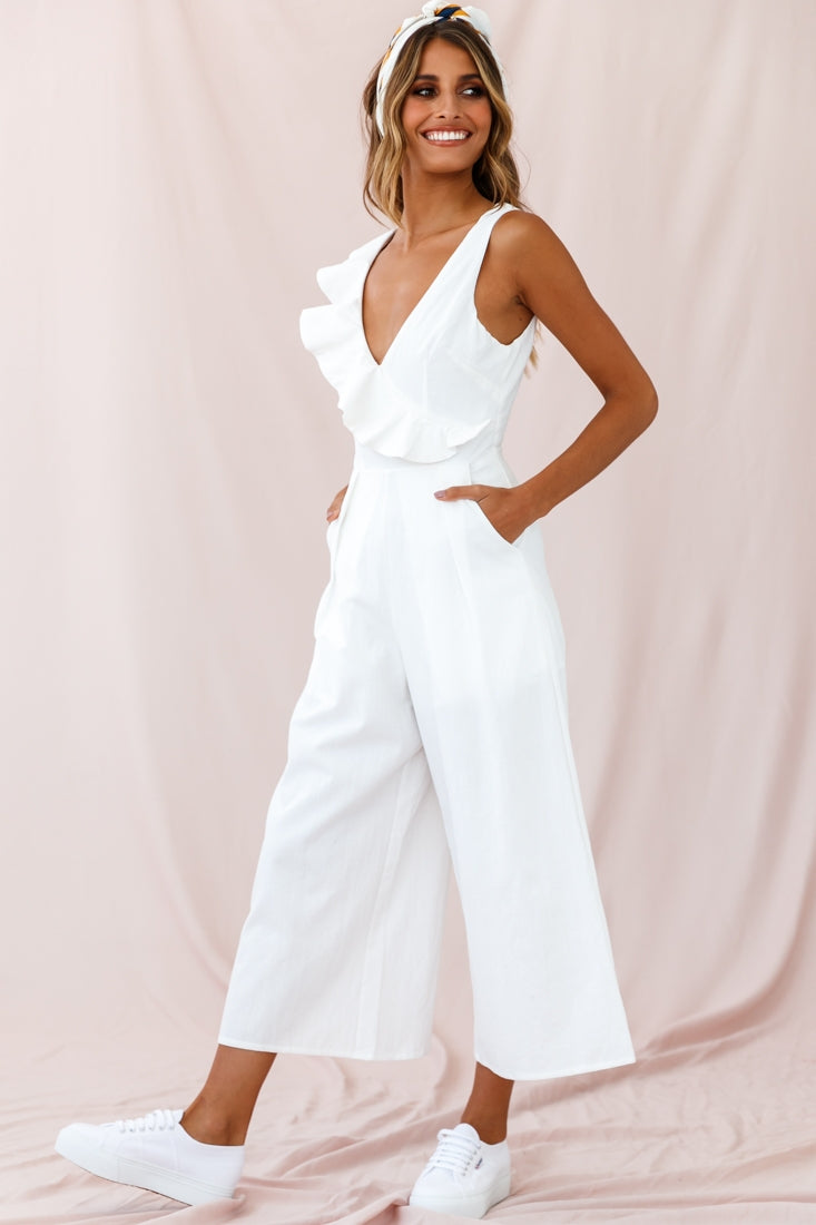 Cheryl Ruffle Strap Wide Leg Jumpsuit White by Selfie Leslie