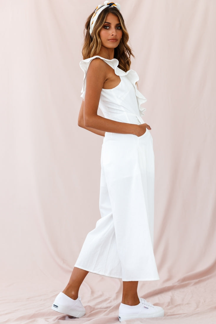 Cheryl Ruffle Strap Wide Leg Jumpsuit White by Selfie Leslie