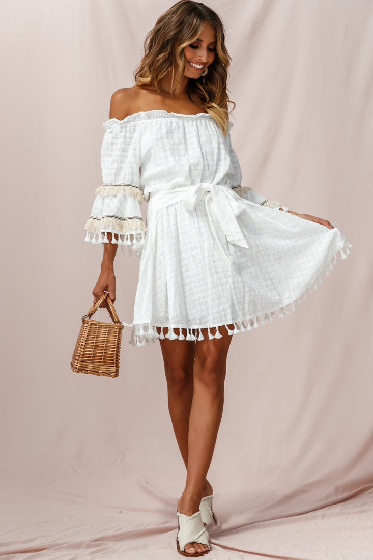Maya Off-Shoulder Lined Tassel Dress White | Selfie Leslie