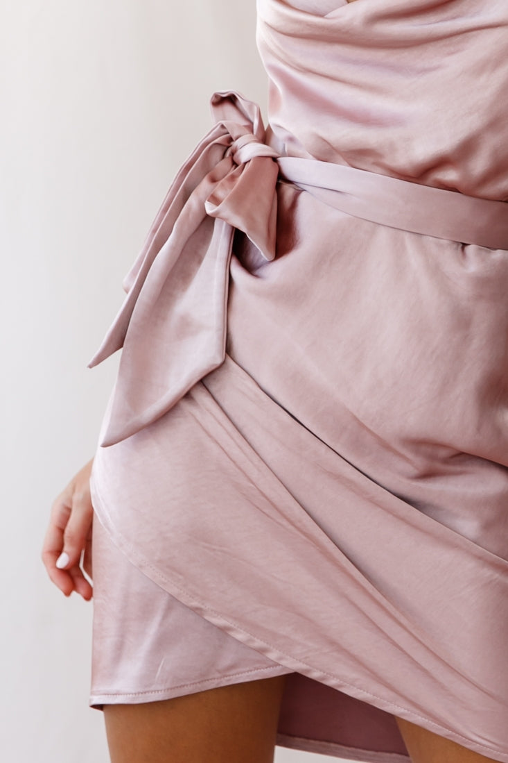 Bebe Satin Cowl Neck Wrap Dress Rose Gold by Selfie Leslie