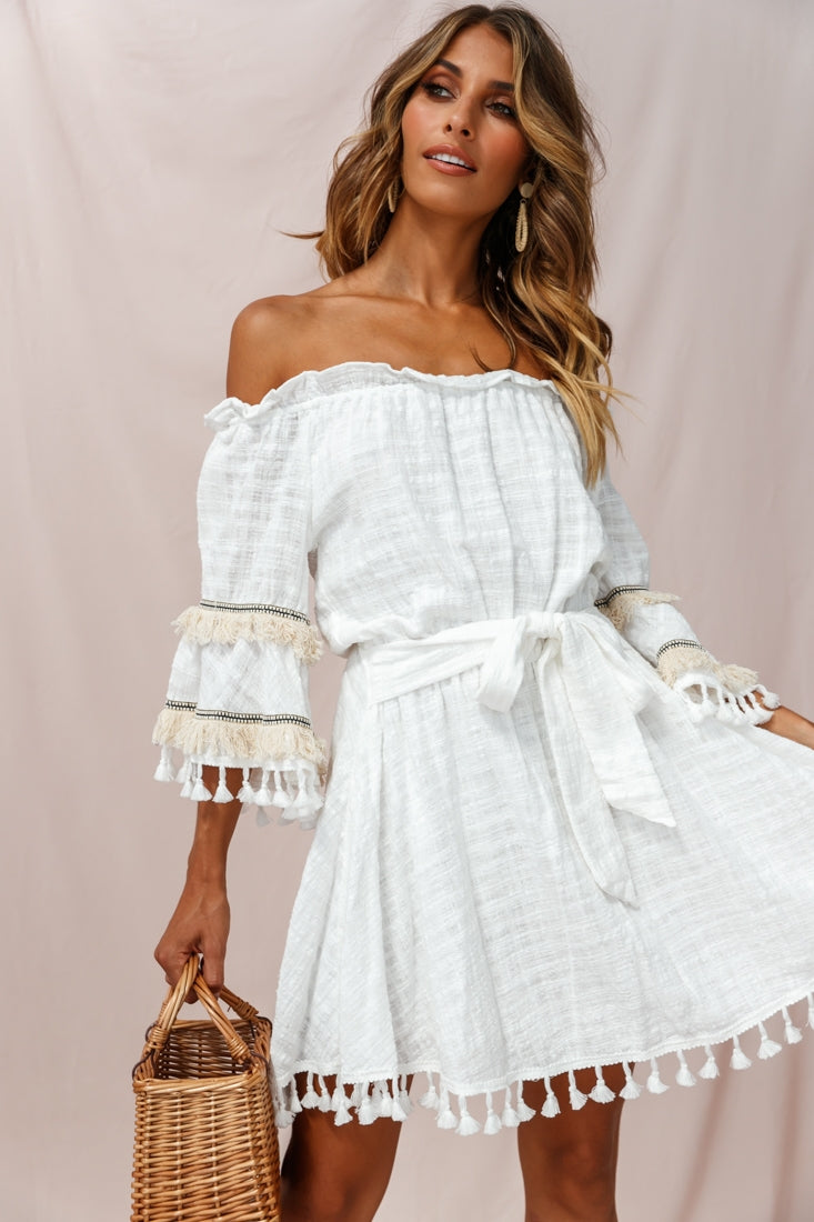 Maya Off-Shoulder Lined Tassel Dress White by Selfie Leslie