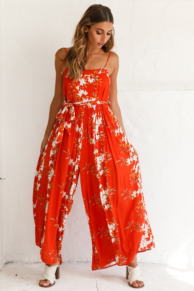 Morgan Square Neckline Wide-Leg Jumpsuit Floral Print Rust by Selfie Leslie