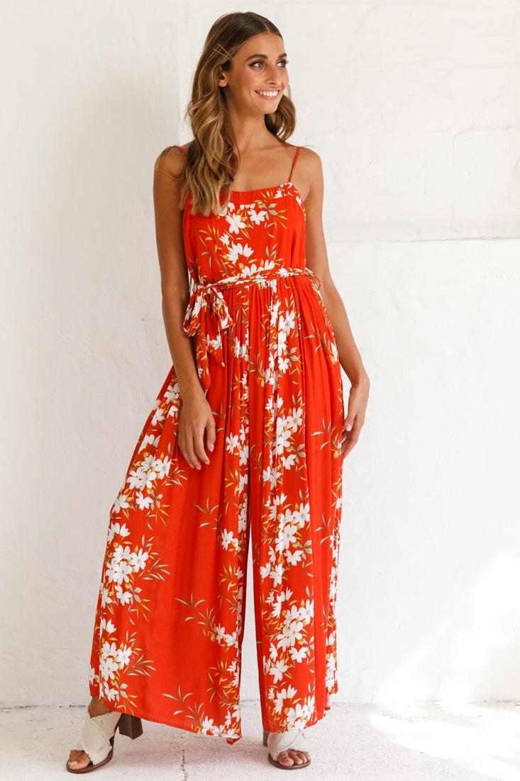 Morgan Square Neckline Wide-Leg Jumpsuit Floral Print Rust by Selfie Leslie