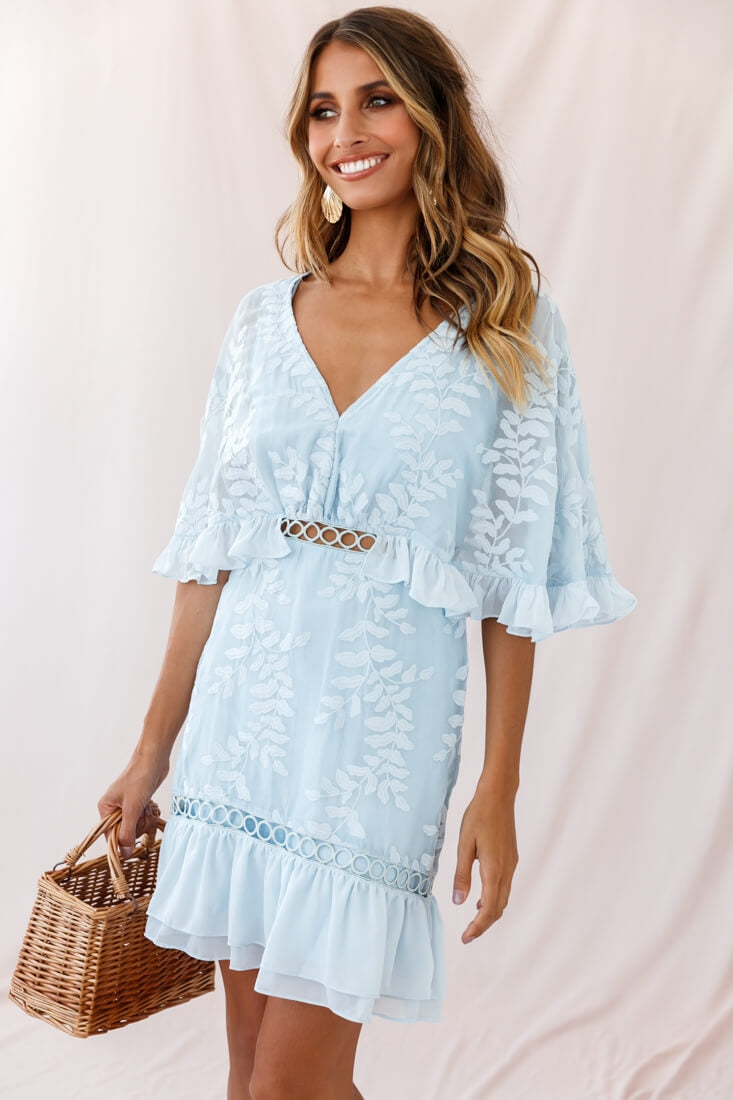 Shop the Caspar Leafy Embroidered Dress Baby Blue Tall | Selfie Leslie