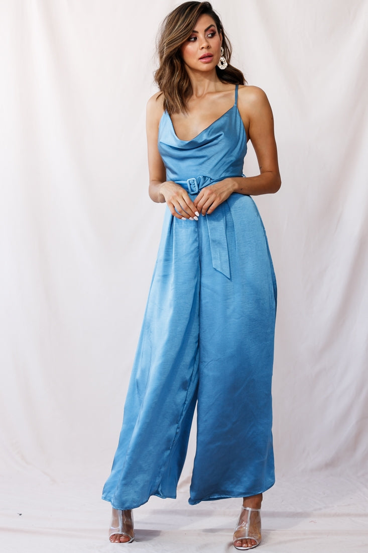 Mali Wide Leg Belted Jumpsuit Midnight Blue by Selfie Leslie