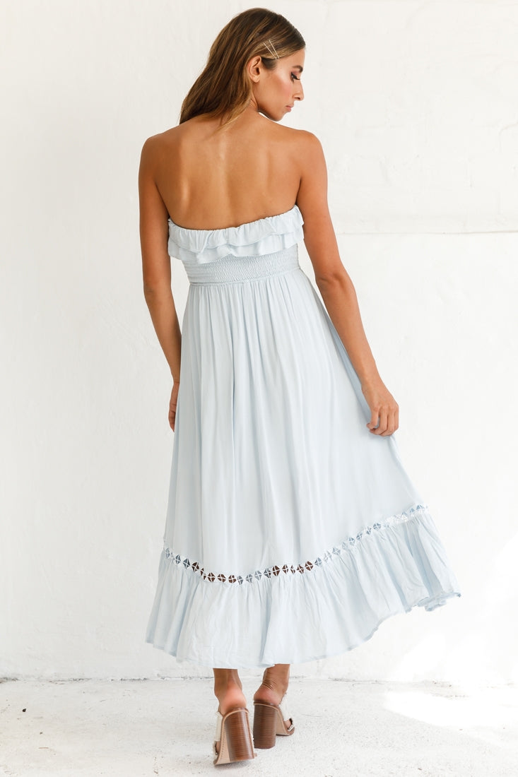 Daydream Shirred Bust Frill Trim Maxi Dress Ice Blue by Selfie Leslie