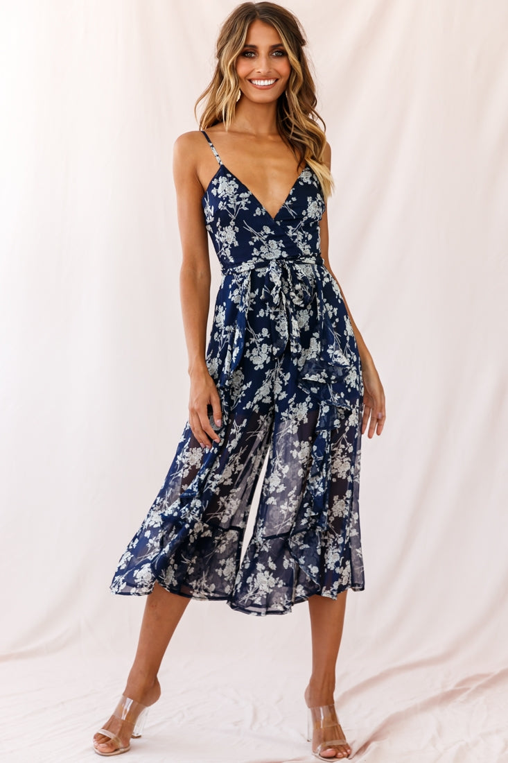 Constance Thin Strap Midi Jumpsuit Navy/White Flower by Selfie Leslie