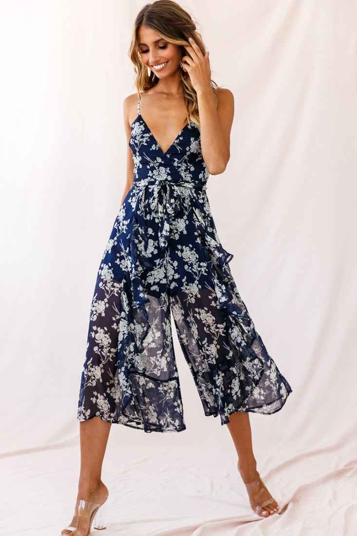 Constance Thin Strap Midi Jumpsuit Navy/White Flower by Selfie Leslie