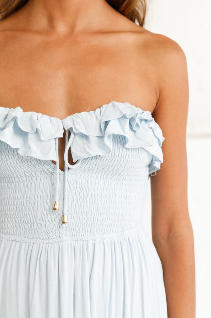 Daydream Shirred Bust Frill Trim Maxi Dress Ice Blue by Selfie Leslie
