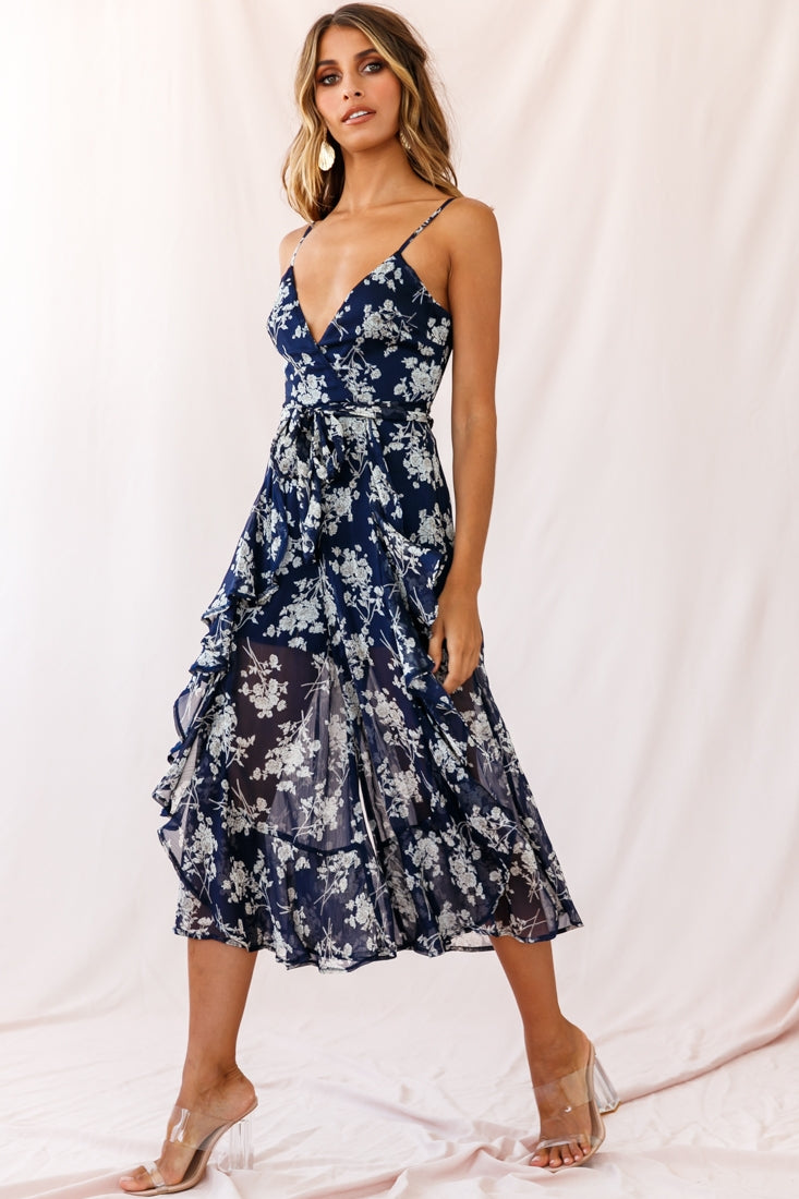Constance Thin Strap Midi Jumpsuit Navy/White Flower by Selfie Leslie