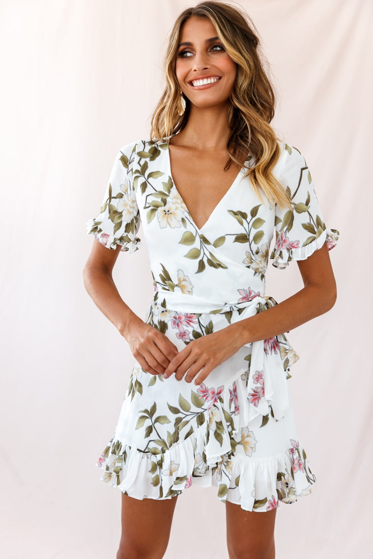 Omara Floral Wrap Ruffle Trim Dress White by Selfie Leslie
