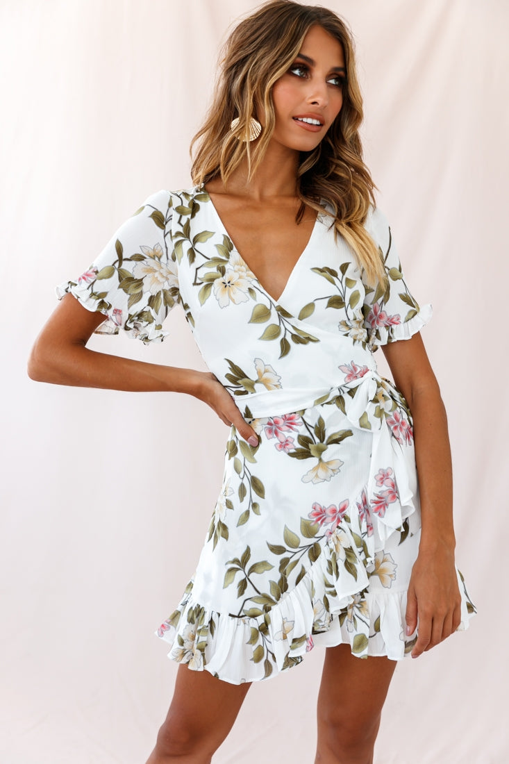 Omara Floral Wrap Ruffle Trim Dress White by Selfie Leslie