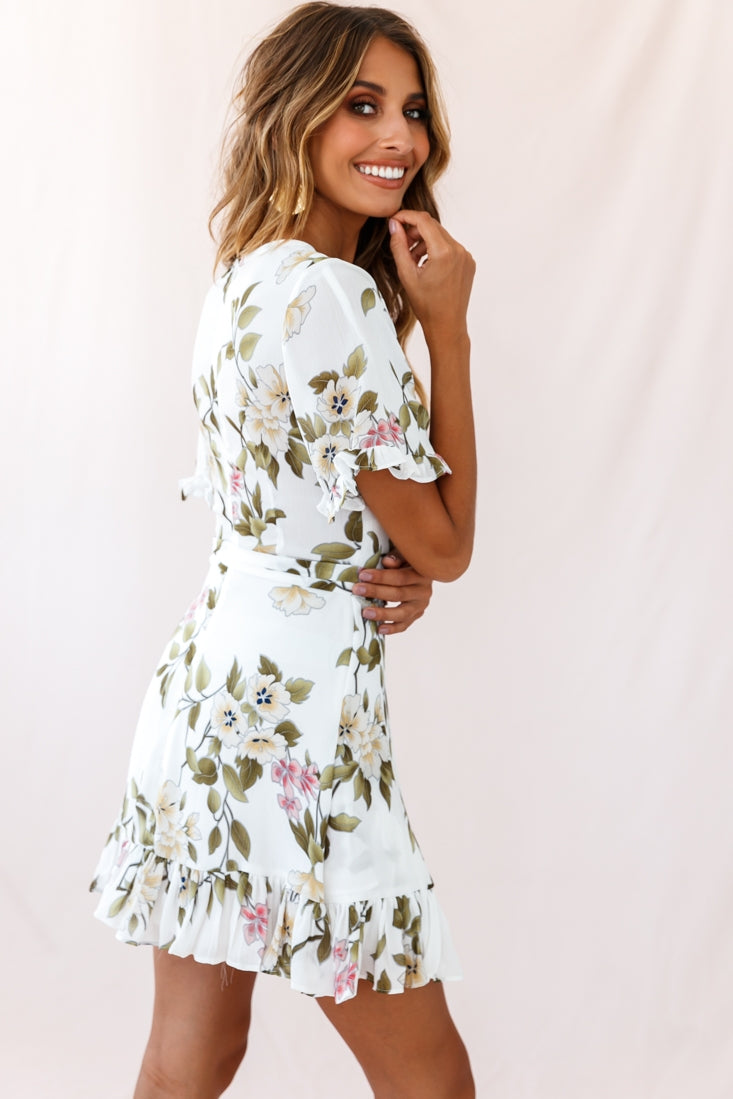 Omara Floral Wrap Ruffle Trim Dress White by Selfie Leslie
