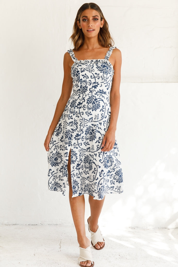 Magdalene Frill Strap A-Line Midi Dress Floral Print White by Selfie Leslie