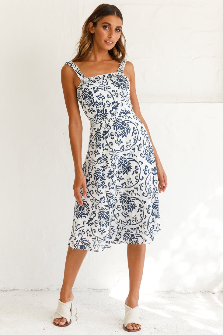 Magdalene Frill Strap A-Line Midi Dress Floral Print White by Selfie Leslie