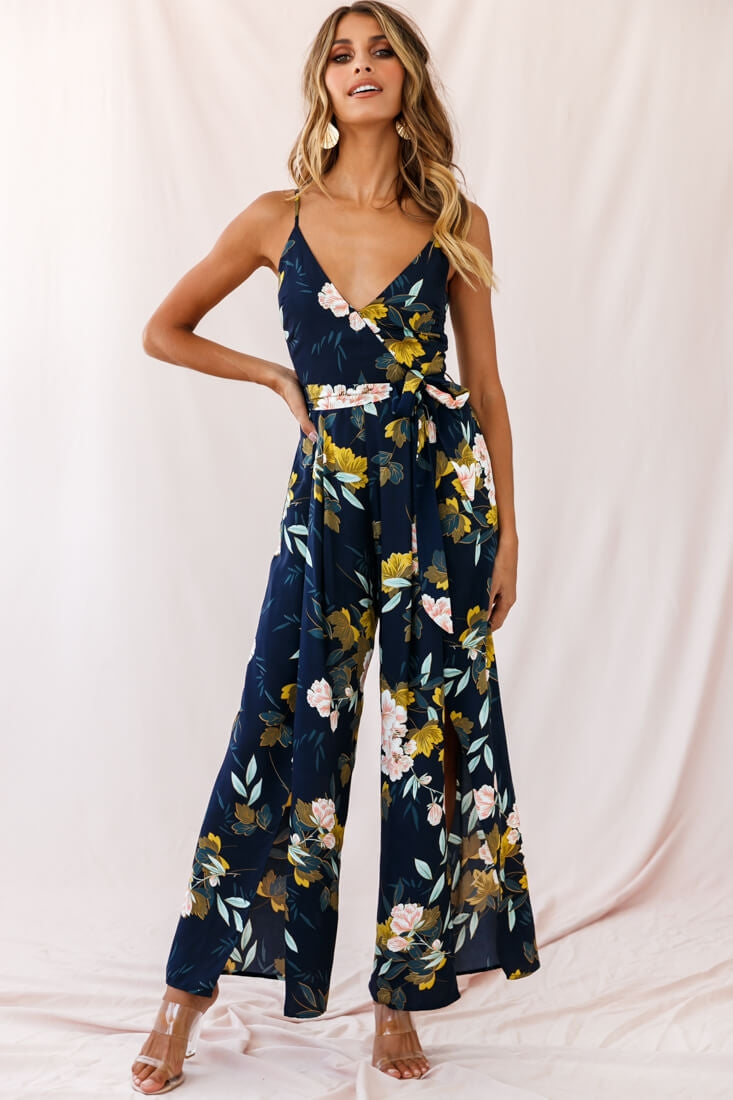 Carrie High Slit Cami Jumpsuit Navy by Selfie Leslie