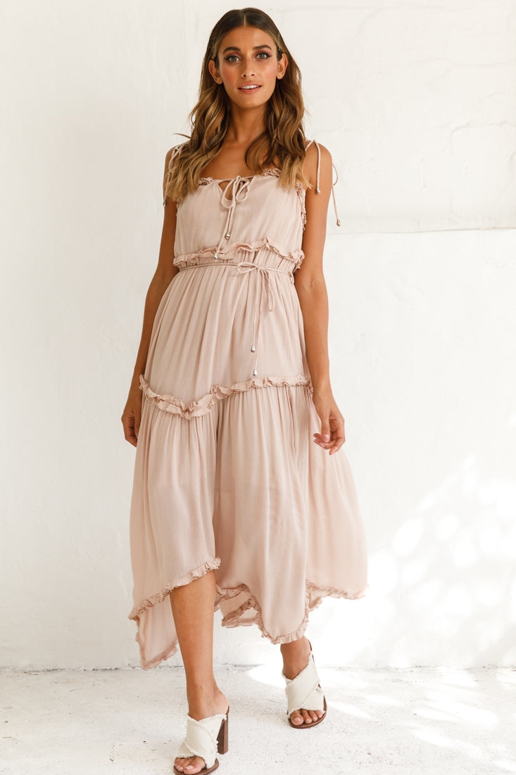 Santa Monica String Tie Maxi Dress Beige by Selfie Leslie