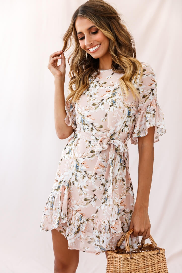 Azealia Ruffle Hem Floral Dress Nude by Selfie Leslie