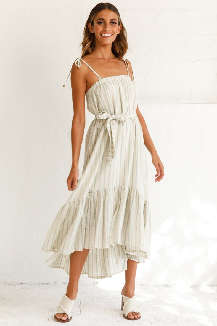 Golden Days Tied-Shoulder Midi Dress Stripe Pattern Olive by Selfie Leslie
