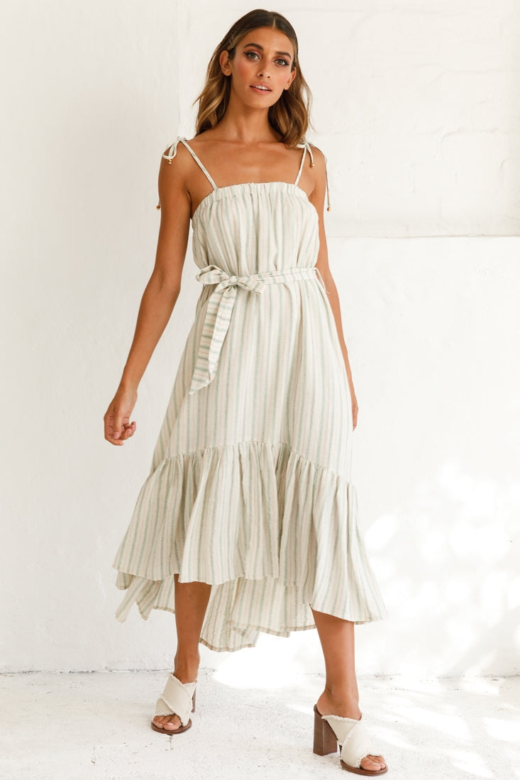 Golden Days Tied-Shoulder Midi Dress Stripe Pattern Olive by Selfie Leslie