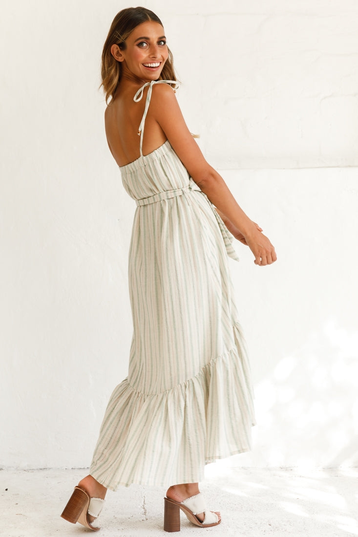 Golden Days Tied-Shoulder Midi Dress Stripe Pattern Olive by Selfie Leslie
