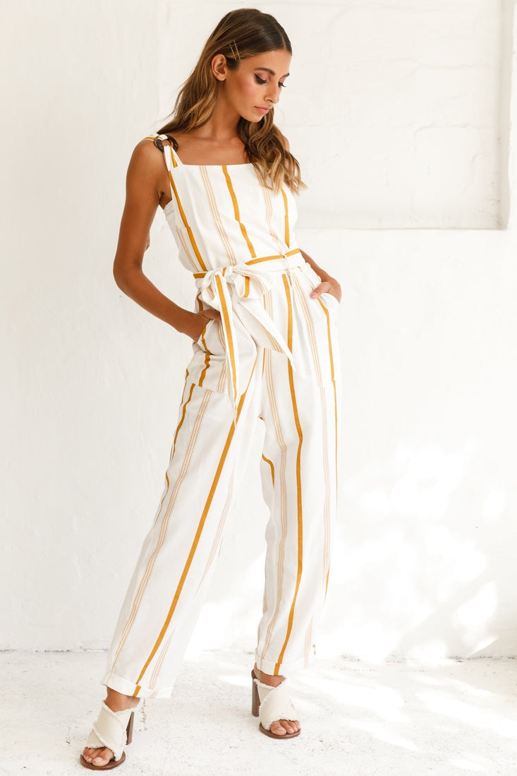 Fresno Straight Leg Pinafore Jumpsuit Stripe Print Mustard by Selfie Leslie