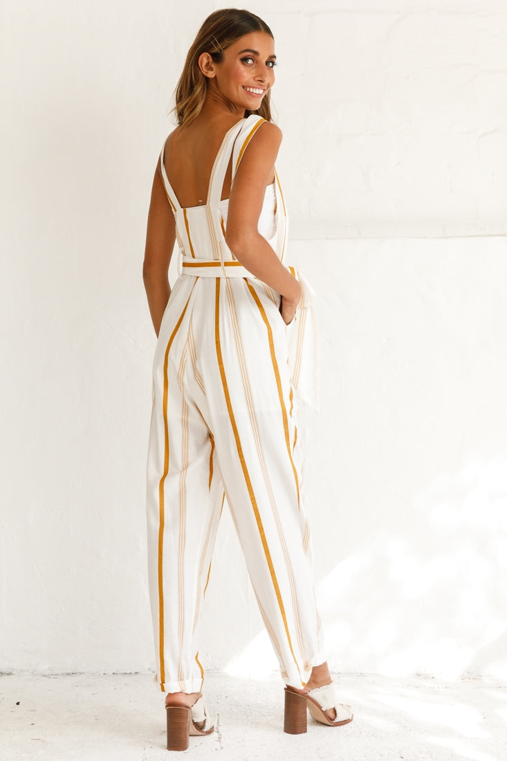 Fresno Straight Leg Pinafore Jumpsuit Stripe Print Mustard by Selfie Leslie