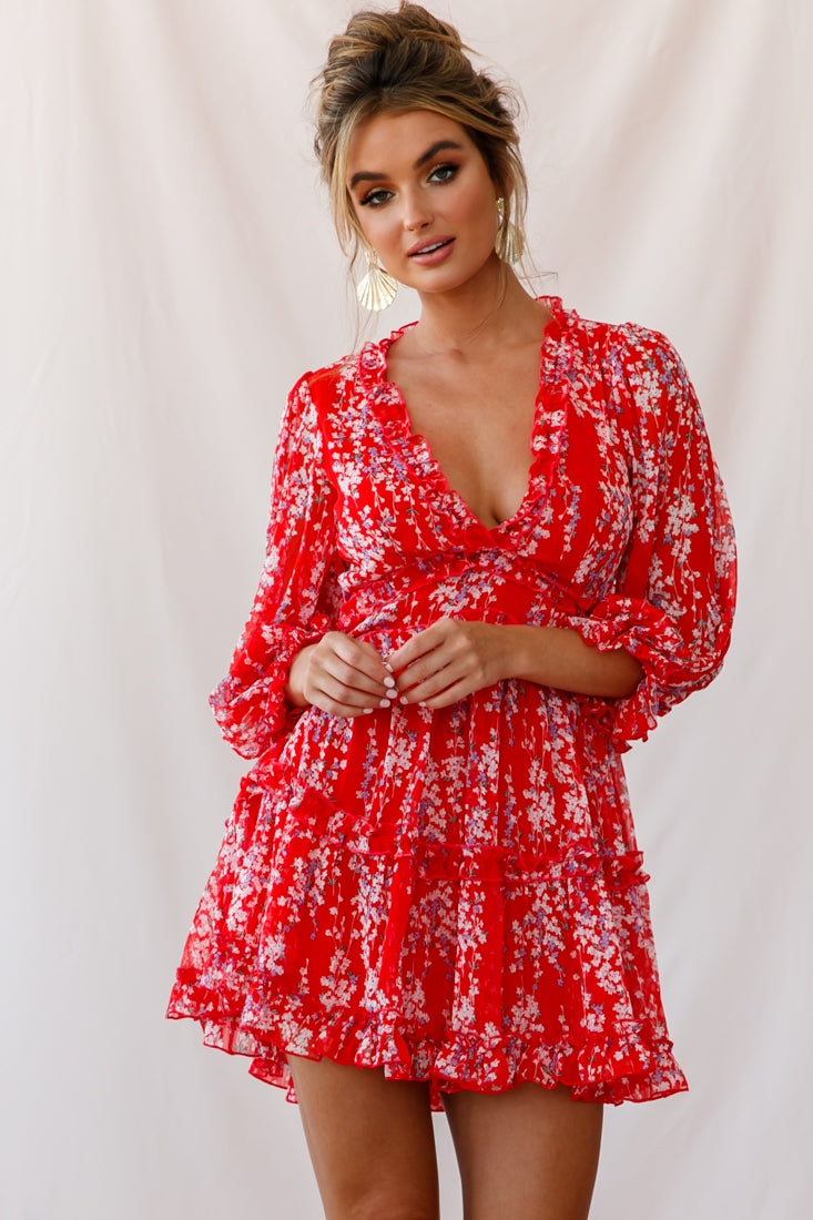 Laney Cutout Back Ruffle Detail Floral Dress Red by Selfie Leslie