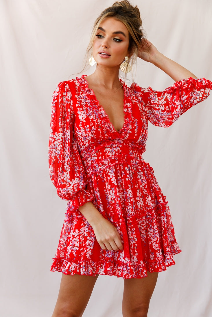 Laney Cutout Back Ruffle Detail Floral Dress Red by Selfie Leslie