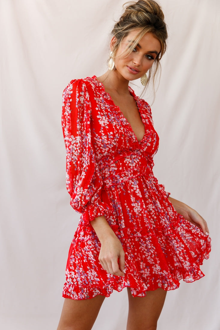 Laney Cutout Back Ruffle Detail Floral Dress Red Laney Cutout Back Ruffle Detail Floral Dress Red