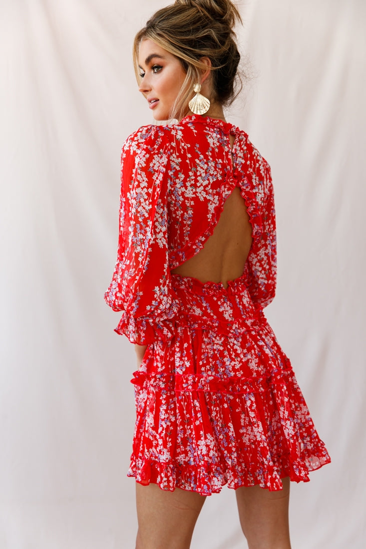 Laney Cutout Back Ruffle Detail Floral Dress Red by Selfie Leslie