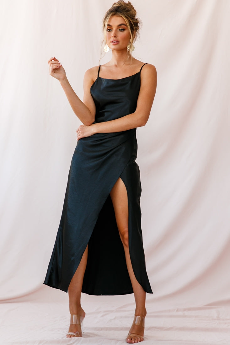 Hey Girl Long Satin Cowl Neck Dress Black by Selfie Leslie